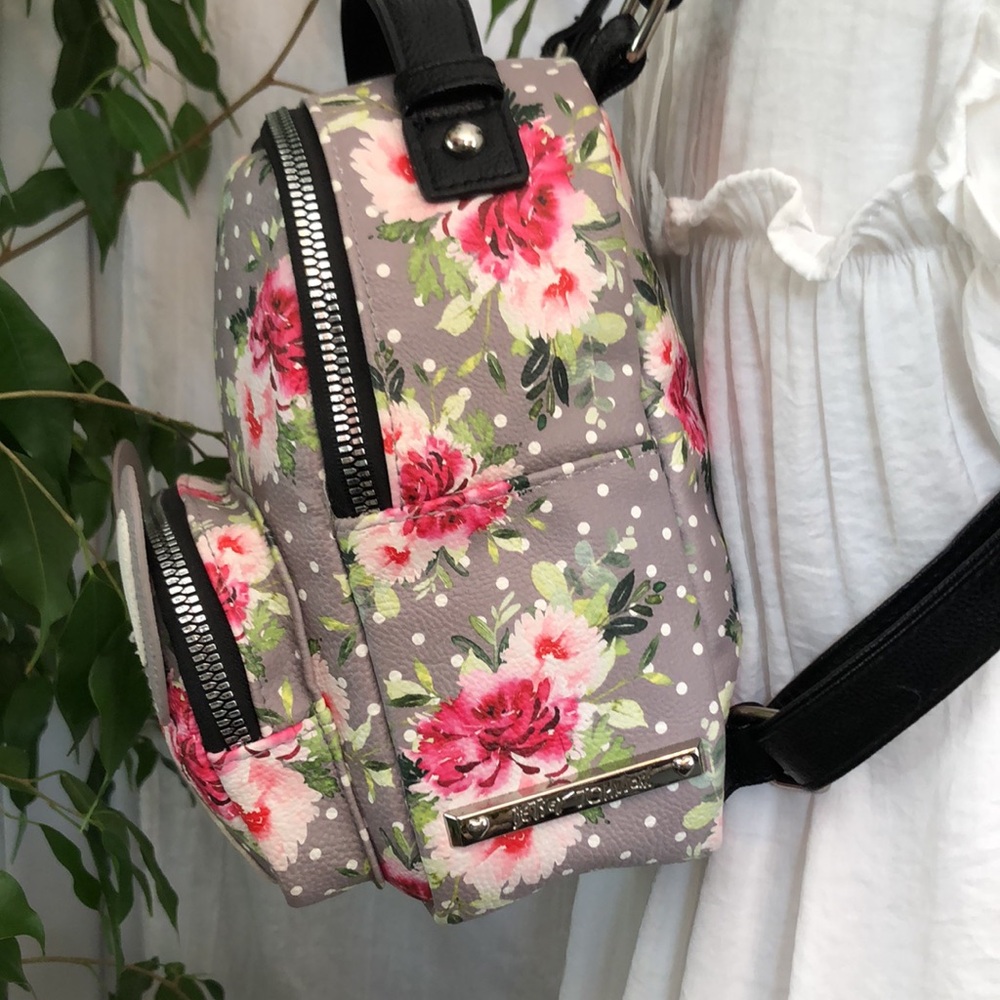 BETSEY JOHNSON  French Bull dog roses pattern mini backpack w/shoulder straps - Picture 5 of 15